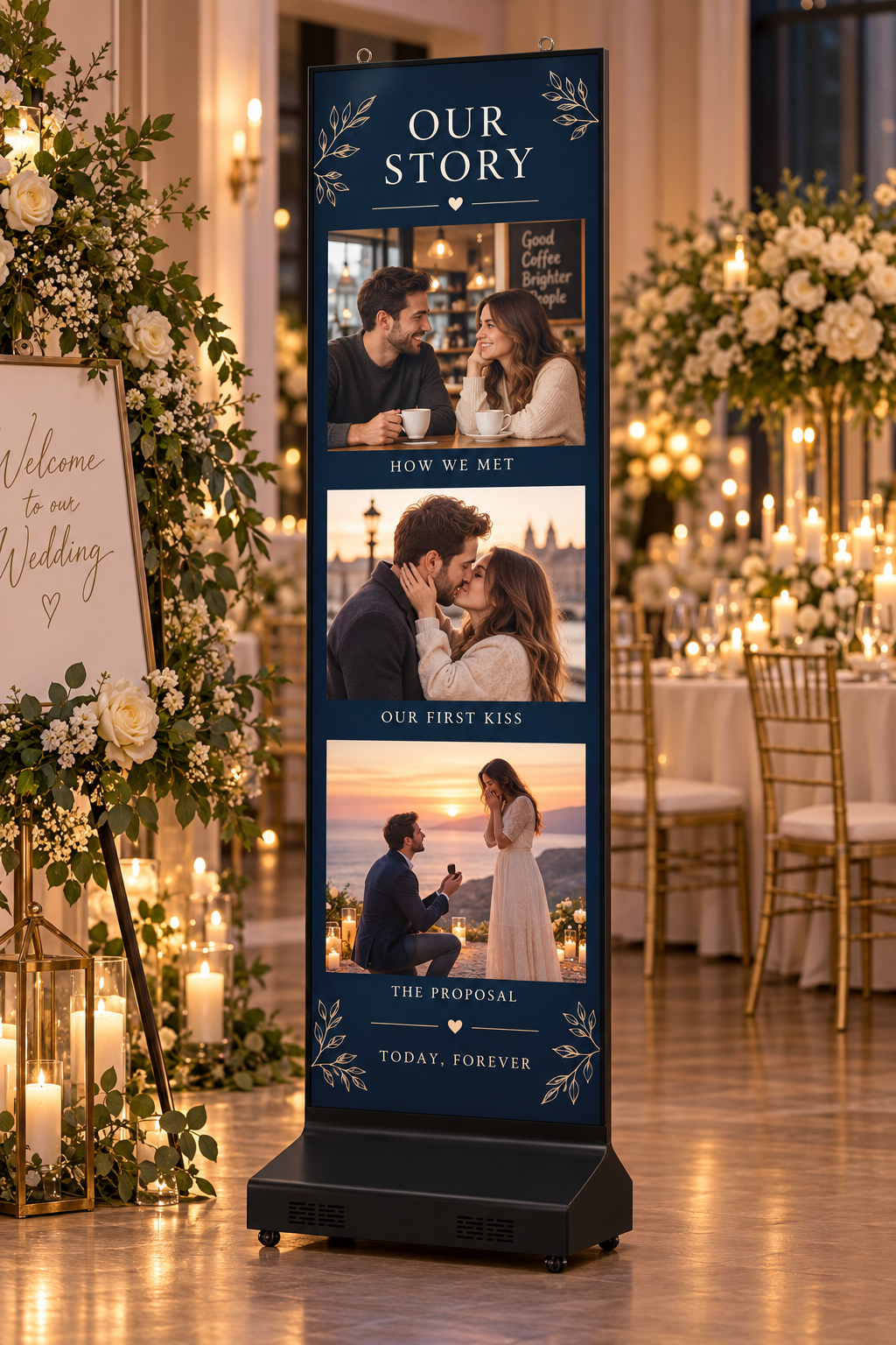 Concept LED Poster showing a wedding couple's photo story from first meeting to proposal