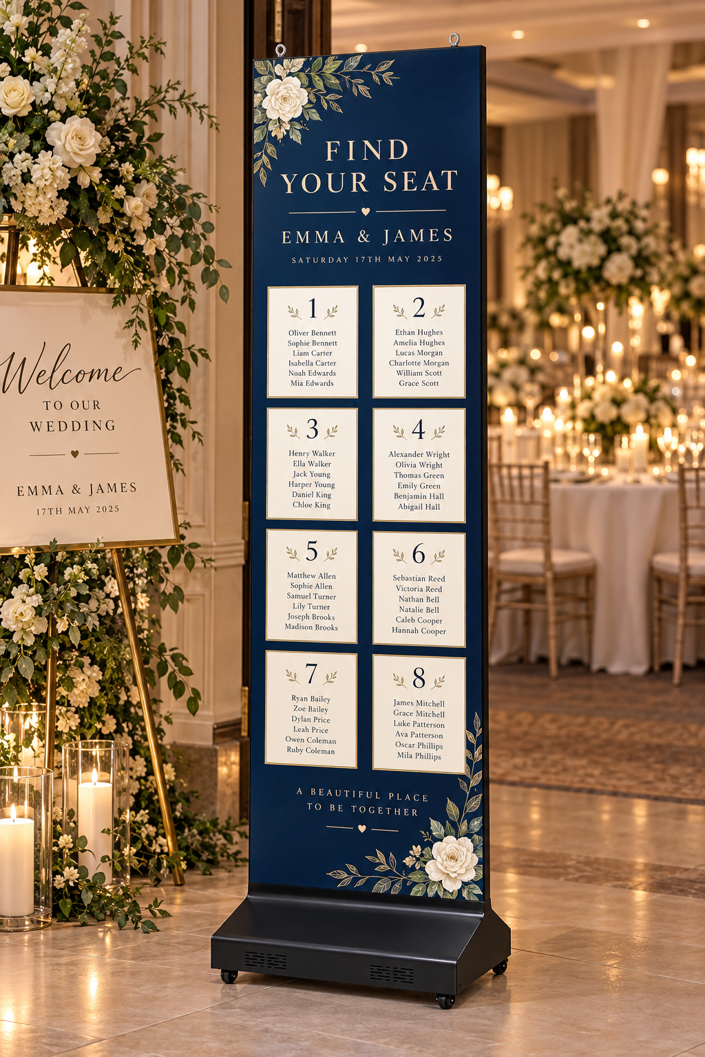 Concept LED Poster showing an elegant wedding seating plan