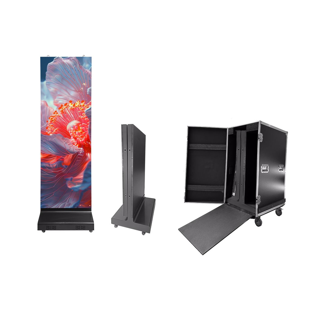 LED Poster front and side views with its wheeled protective flight case